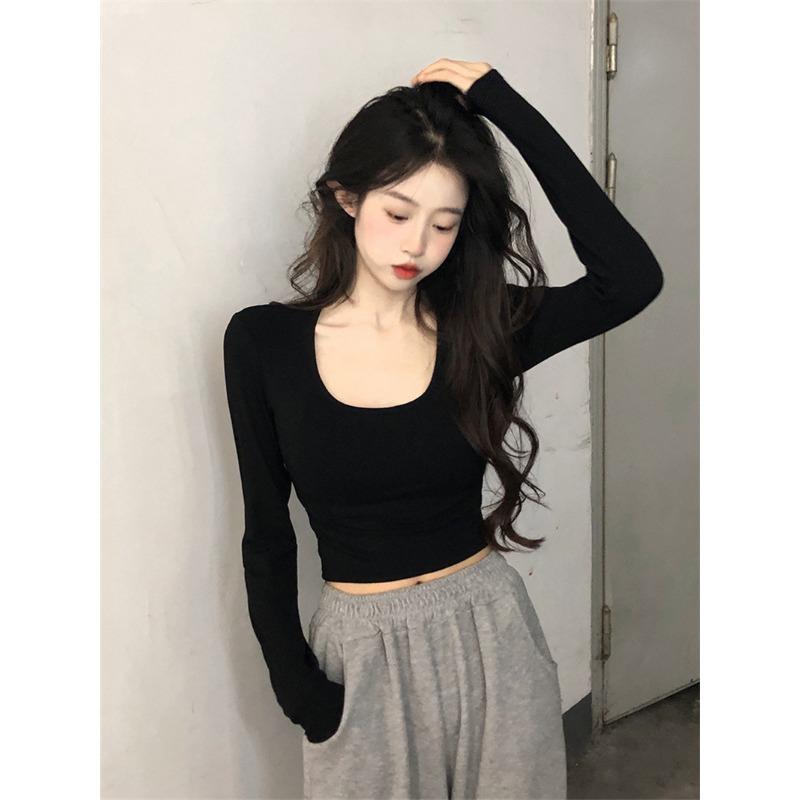 Autumn New Pure Wind Spice Girl Big U Neck Slim Slim Short White Long-sleeved T-shirt Top Women's Fashion