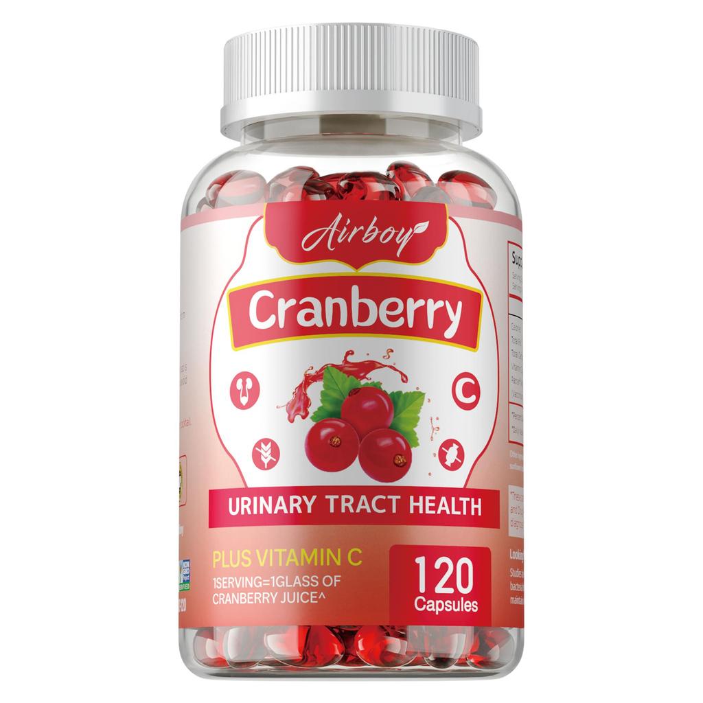 Airboy Cranberry-Extrakt-Weichkapseln, hergestellt aus gemahlenen ganzen Cranberries, helfen, den Körper zu reinigen und die Gesundheit des Harntrakts zu fördern.