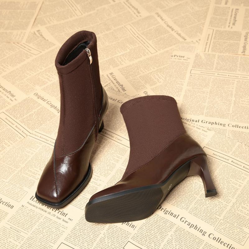 Autumn and Winter New Rock Leather Short Boots for Women, French Luxury Mid Length Slim Boots, High-heeled Women's Boots, Shoes