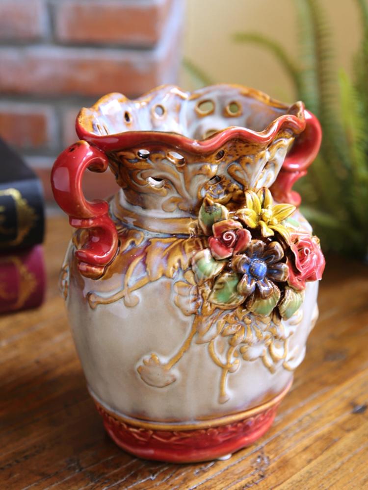 Vase Ceramic Desktop Ornament Painted Pastoral Hand-relief Glazed  Floral Decoration Suitable for Outdoor Garden Living Room 1Pc