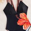 Vintage Black Floral Print Swimwear Women Knitted Double Strap Back Cross One Piece Swimsuit Tummy Control Bathing Suits