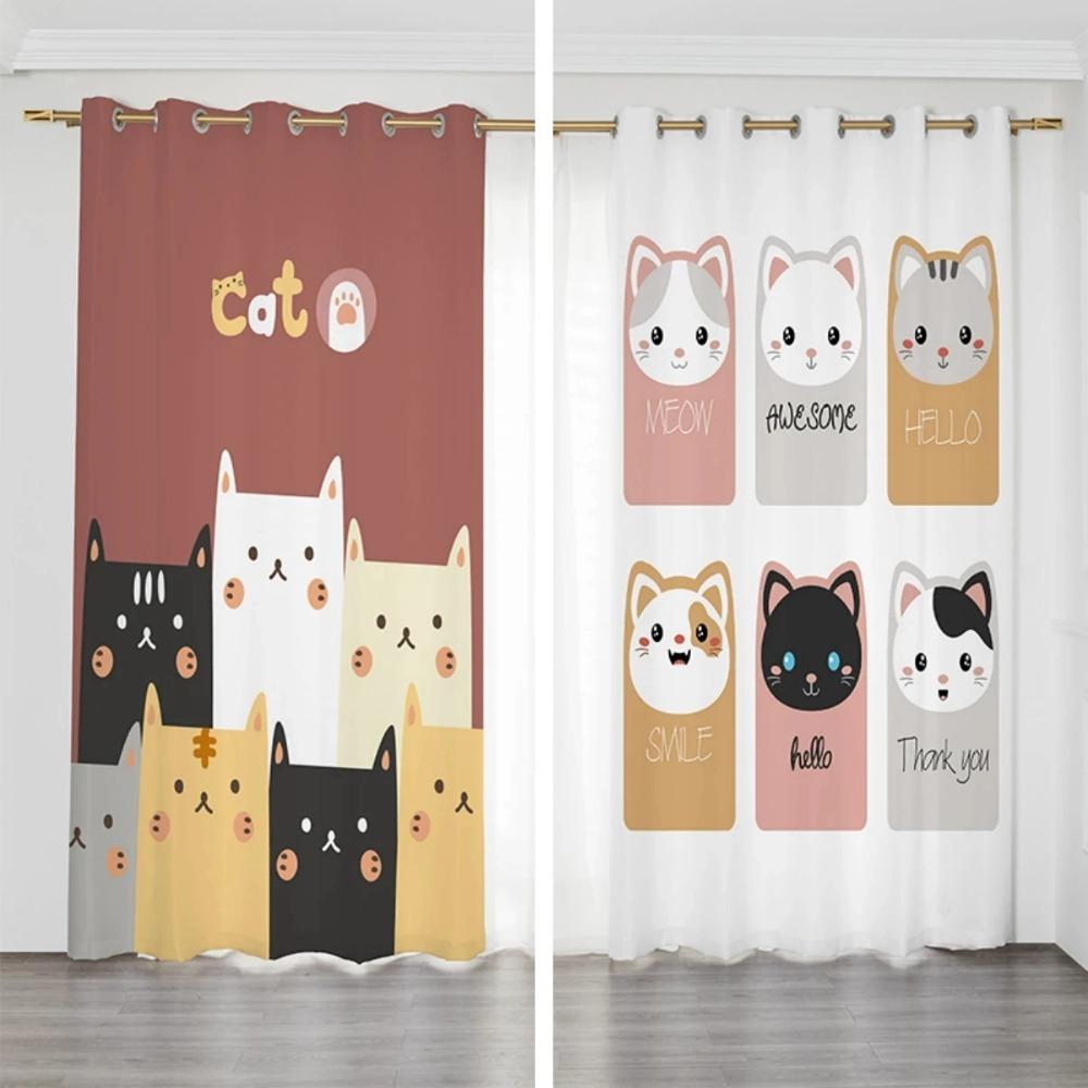 Nordisch Minimalistisch Niedliche Katze Hohe Verdunkelung Vorhang Paar Schlafzimmer Persönlichkeit Kreativ Verdunkelungsvorhang Ösenaufhängung Hakeninstallation