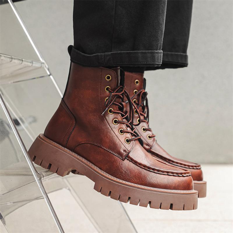 Martin Stiefel Herren High-Top Britischer Stil Retro Dicksohlige Erhöhende Medium-Top Stiefel Weichleder Herbst Workwear Stiefel 86689-J