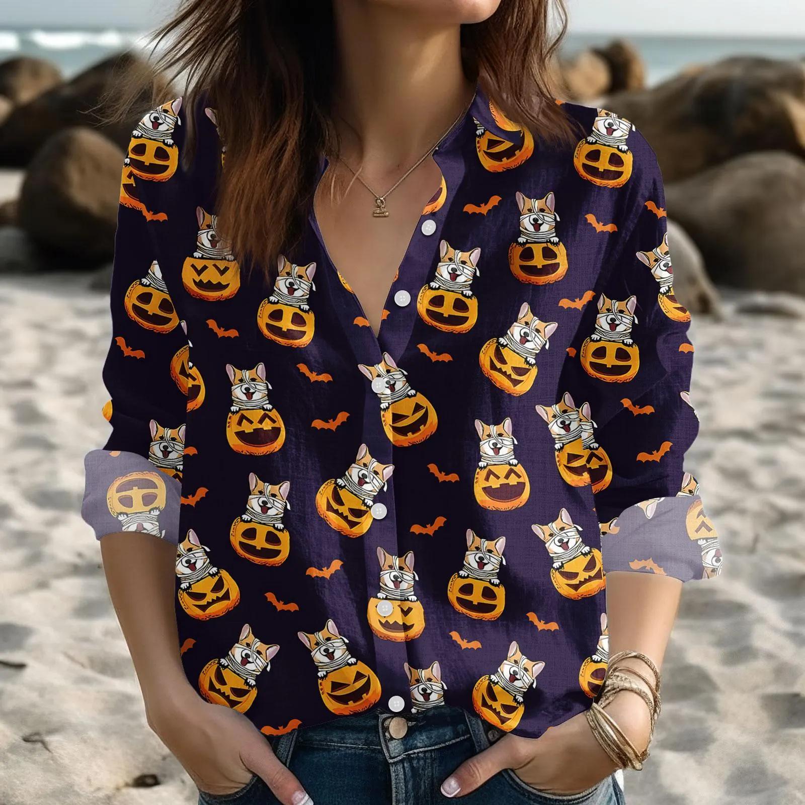 

Halloween Pumpkin Ghost Women Long Sleeves Shirt Autumn New Button-Up Shirt Skull Print Top Women s Spooky Cute Dog Shirt S