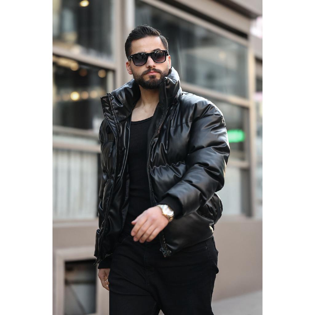 Concealable Hooded Men's Puffer Nubuck Leather Coat