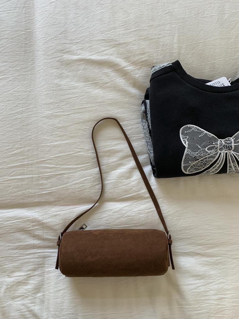 Solid Color Suede Frosted Cylindrical Bag Fashion Large Capacity Women Shoulder Bags Trendy Commuting Shopping Crossbody Pack