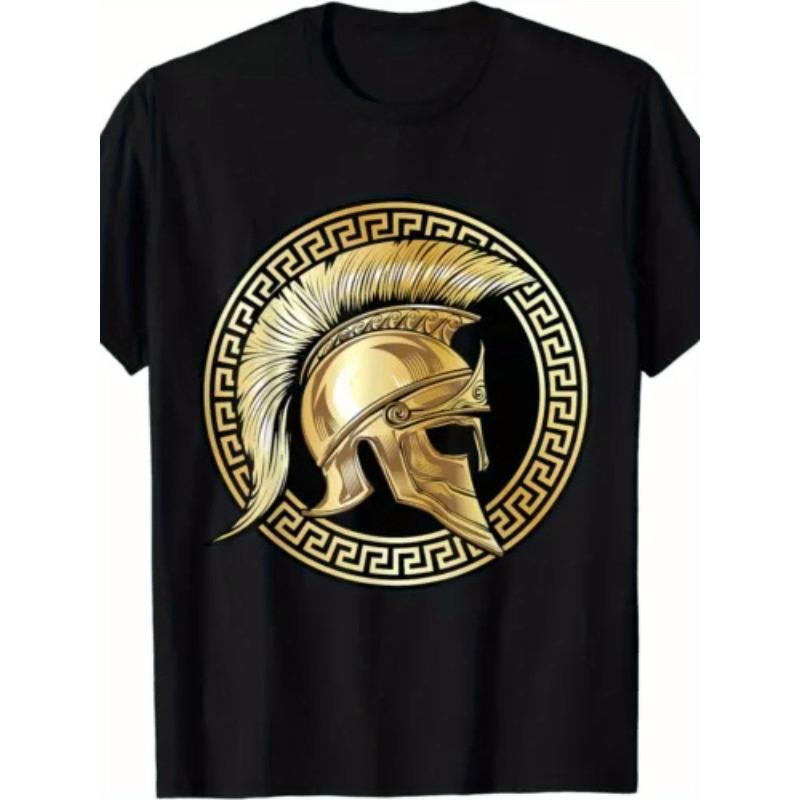 European sizes Men's Spartan Helmet & Greek Gladiator Design T-Shirt - Retro Ancient Greece Warrior Print, Short Sleeve Casual Gym Wear