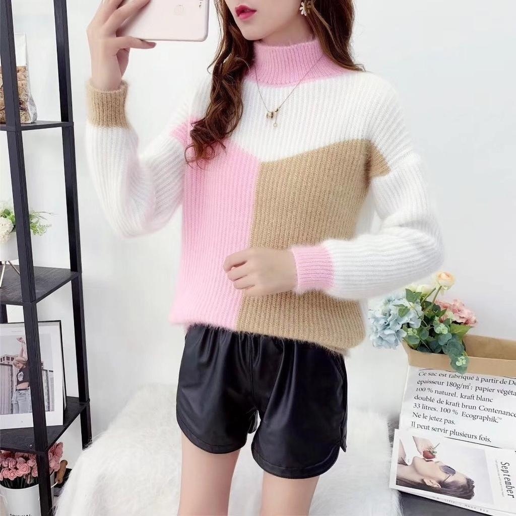 Fall/Winter Women's Color-Blocked Sweaters Loose Pullover Knitwear Half-Turtleneck Stretch Knit Sweater Jumper