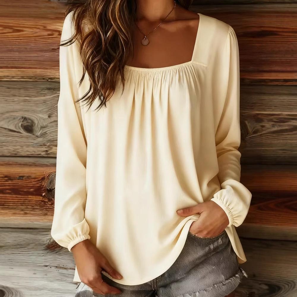 2025 New Women's Solid Color U-neck Pullover Long-sleeved Women's Tops