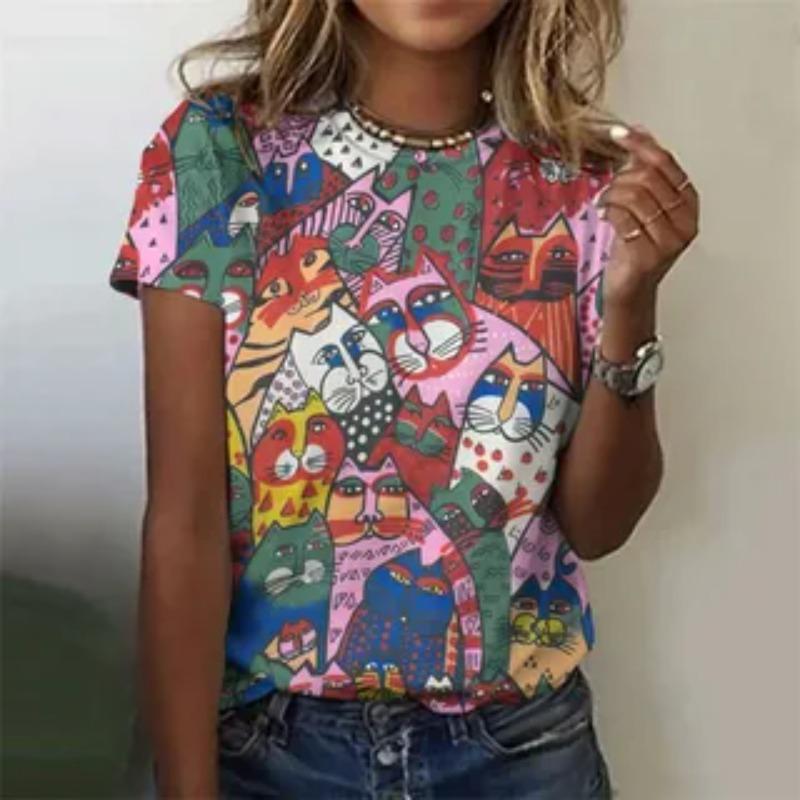 Summer Round Neck 3D Painted Cat Print Top Fashionable Casual Short Sleeved Women's T-shirts