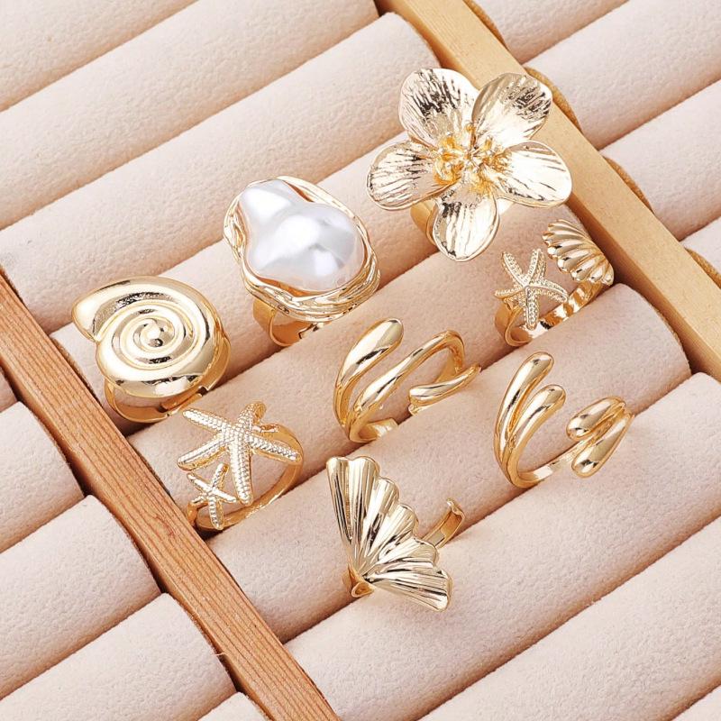 Europäischer & Amerikanischer Bestseller: Ozean Resort Muschel Schnecke & Blume Offener Ring Set - Modischer Ins Stil