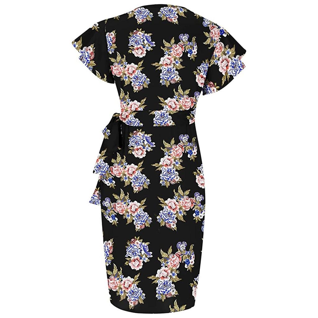 Women's Floral Print Dress Sexy V Neck Ruffle Sleeves Faux Wrap Ruched Bodycon Dress