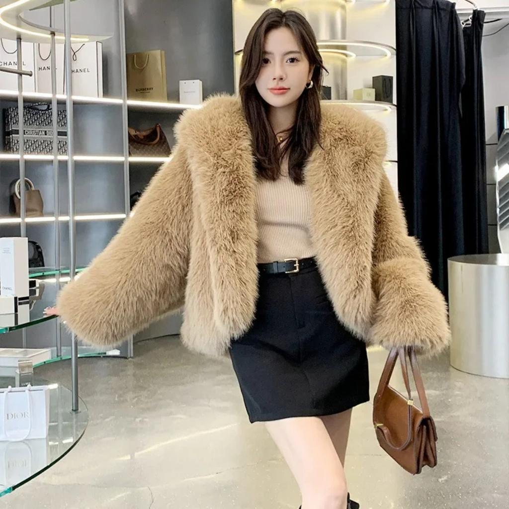 Women Faux Fur Coat Fashion Warm Winter Furry Long Sleeve Hooded Female Coats Loose Fluffy Short Fur Jacket Ladies Outwear