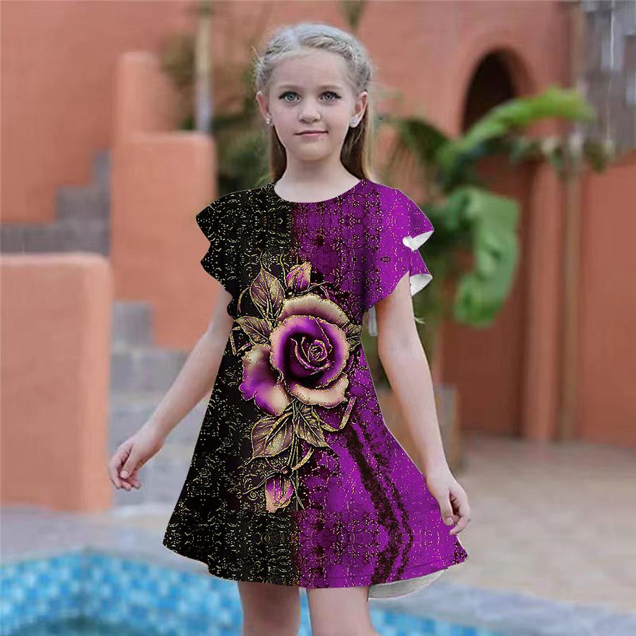 

Платья с принтом «Зыбучие пески и розы» для девочек. Детское праздничное платье для девочек. Свободный крой. Свободная юбка с короткими рукавами для девочек старше четырех лет. 110 фиолетовый