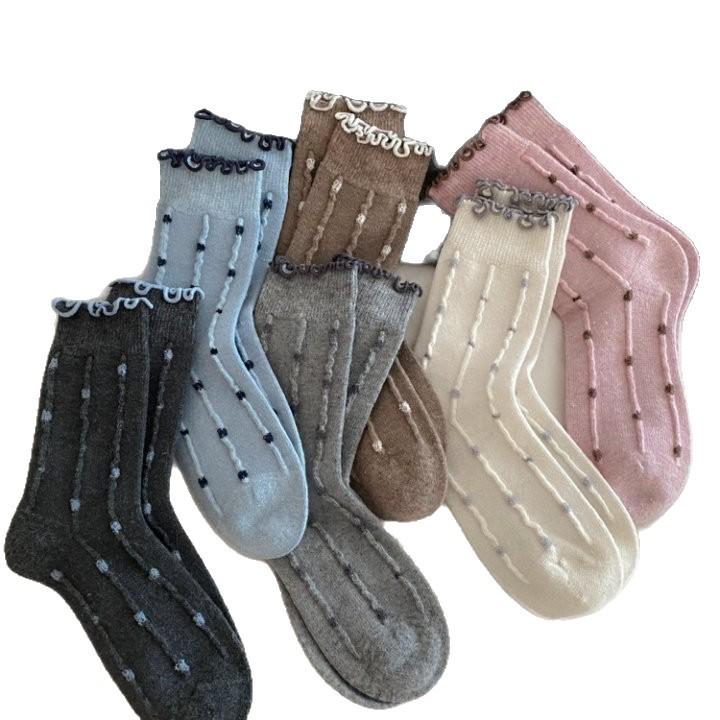 Polka Dot Floral Merino Wool Slouch Socks with Lettuce Edge and Lace