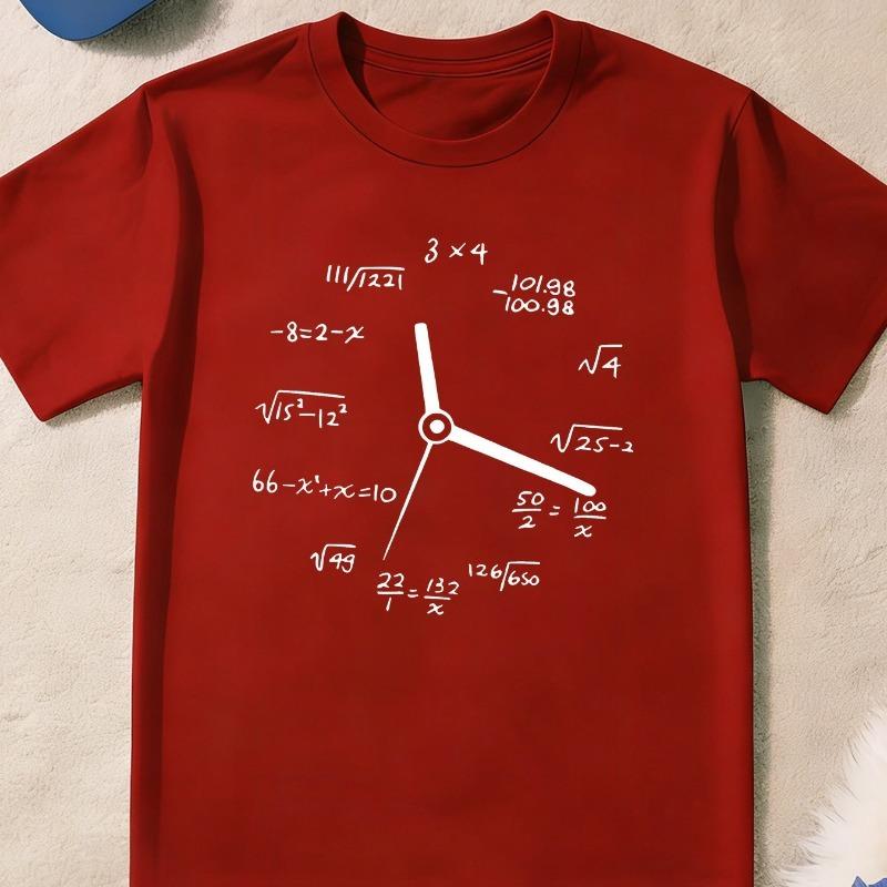 Children Crew Neck Short Sleeve T-Shirt with Math Formula Clock Print