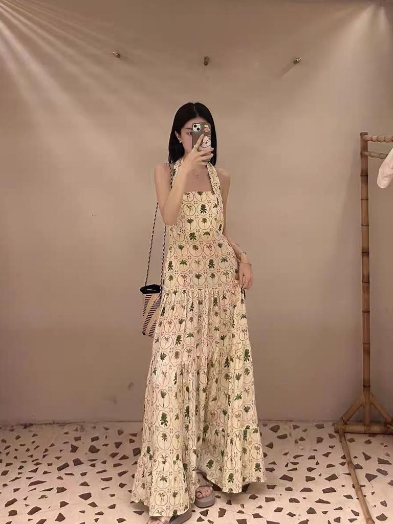 French retro beach waist slim holiday dress neck design big swing skirt temperament slim dress women