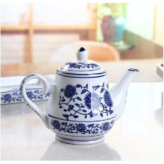 123Arts Blue and White Ceramic Small Tea Pot Retro Flower Teapot Water Pot Coffee Pot with Lid, 500ml,16.5oz