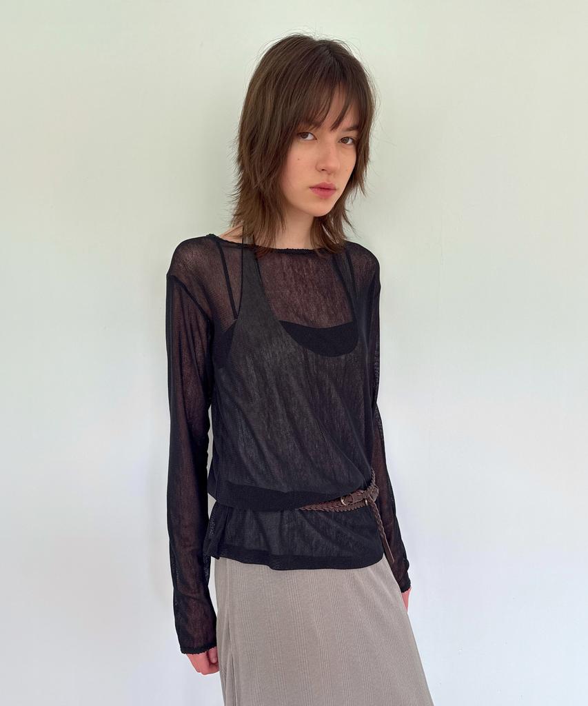 DIAGONAL Lace Point See Through Top (Black)
