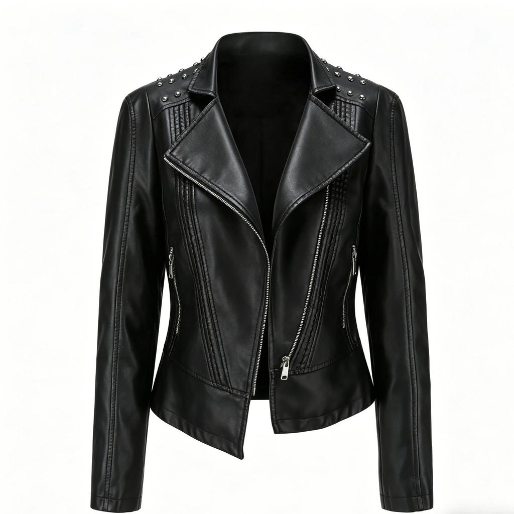 Damen Cool Edgy Nieten Motorrad PU-Lederjacke, Schräger Reißverschluss, Reverskragen, Slim Fit Punk Style Kurze Jacke für Frühling/Herbst