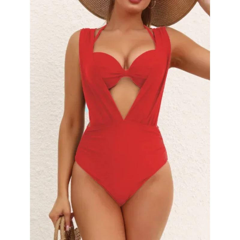 Damen Bügel Bauchkontrolle Einteiler Badeanzug Lässige Strandmode Tiefes V-Ausschnitt Hohe Bruststütze Sommer Badebekleidung Badesachen