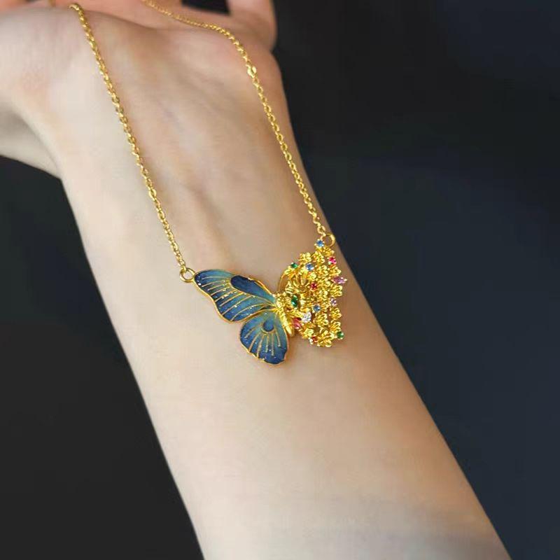Blue-Fired Filigree Butterfly Pendant Necklace with Gold Enamel, Light Luxury Courtly Style.