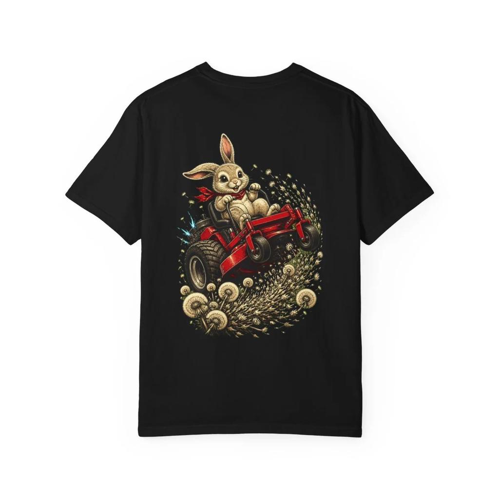 Cute Rabbit Riding Lawn Mower T-Shirt Black Back Print Comfort Colors 1717