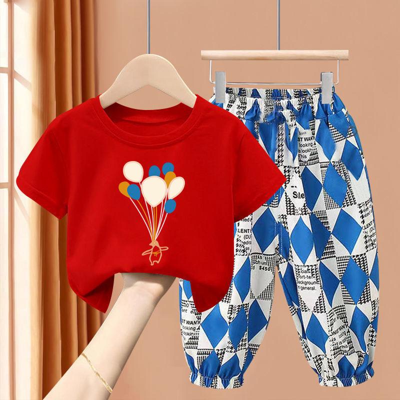 New Boys' Short Sleeve Set Medium and Small Girls' T-shirt Two Piece Set