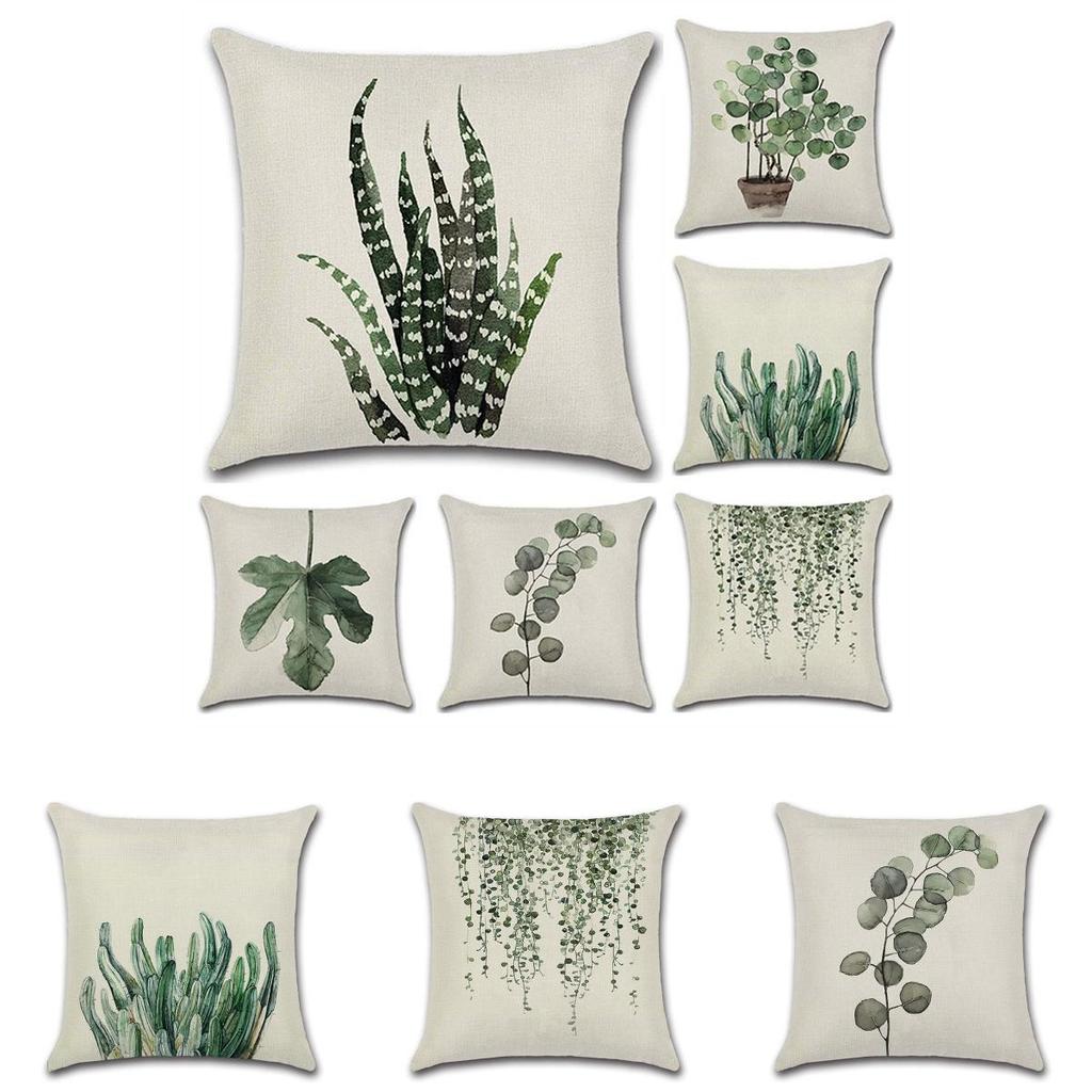 Elegant Green Leaves Patterned Linen Pillow Case Decorative Cushion Cover 18"x18