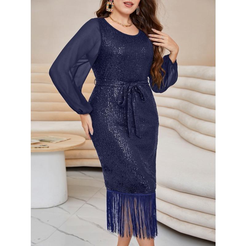 Plus Size Round Neck Vintage Sequins Tassel Women Long Sleeve Evening Bridesmaid Dress