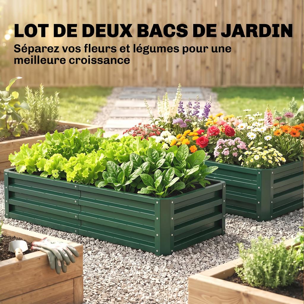 Raised Garden Beds, Set of 2 Rectangular, Corrugated Steel, 120 x 60 x 30.5 cm, Dark Green