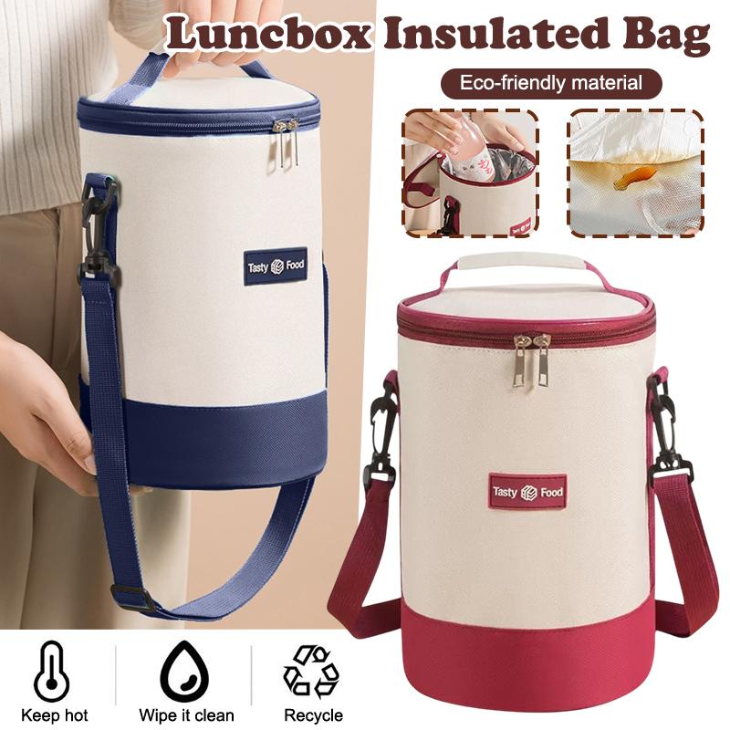 Sac de prânz portabil de mare capacitate, cutie de prânz izolată, cilindric, proaspăt, cutie rotundă din folie de aluminiu, geantă termică pentru alimente.