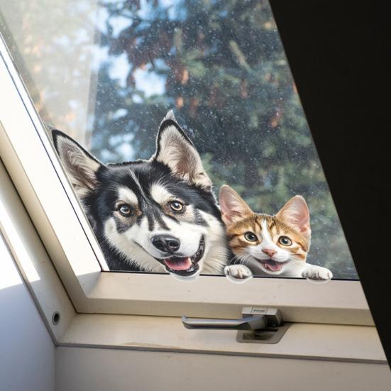 Peeping Husky Cat Window Sticker UV-Resistant Waterproof PVC Removable Dog Kitten Glass Door Decorative Decal