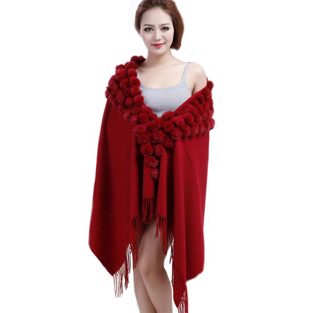 Women's Cashmere Wool Over Size Scarf With Rabbit Fur Ball Collar Winter Rabbit Fur Infinity Scarves Neck Fur Collar Hand Knit