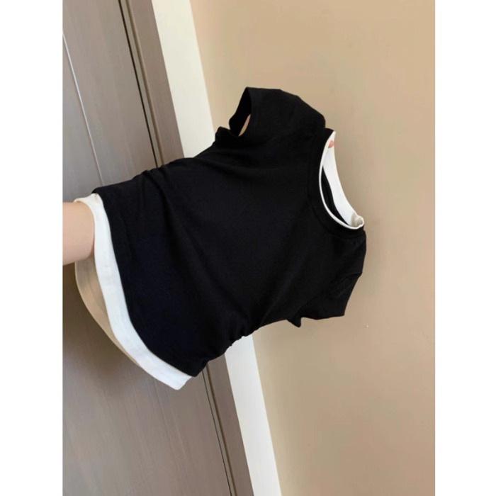 

Летняя женская футболка с эффектом двух частей в стиле колор-блок, с драпировкой, облегающего кроя S чёрный