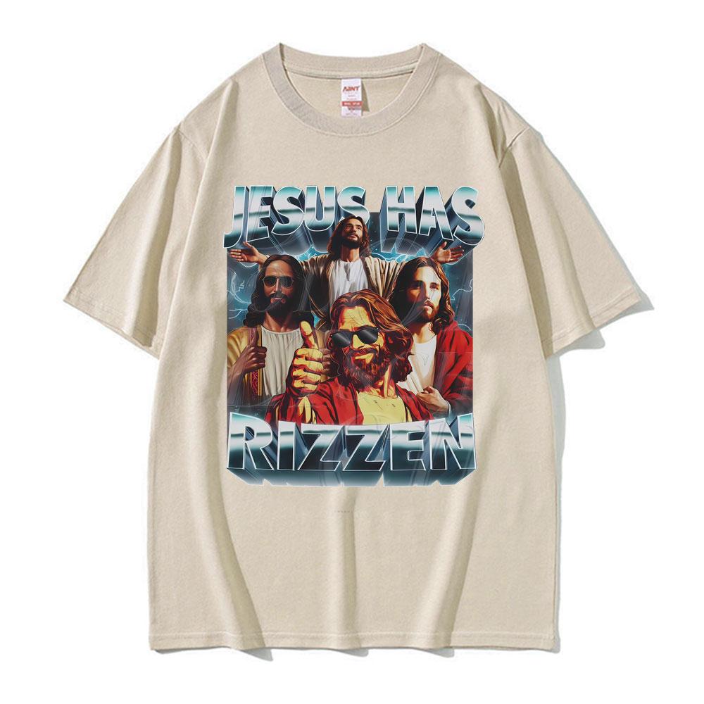 Jesus Has Rizzen Vintage 90s Graphic Tshirt Mens Women Harajuku Fashion Tshirts Comfort Cotton Oversized Tee Shirt Streetwear