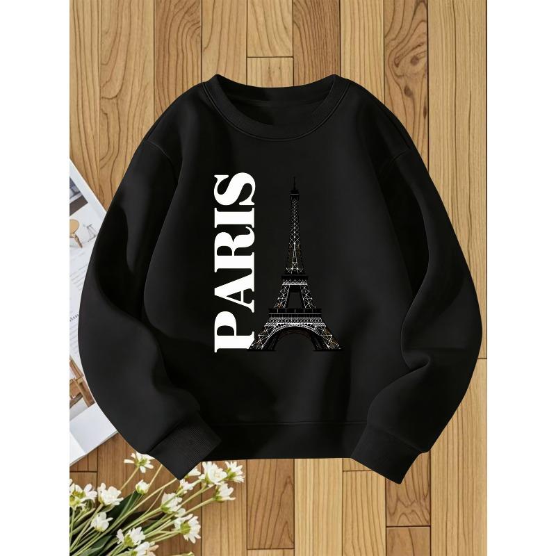 European Size Eiffel Tower Print Unisex Round Neck Sweatshirt, Autumn and Winter French-Style Romantic Look, Perfect Gift for Girls