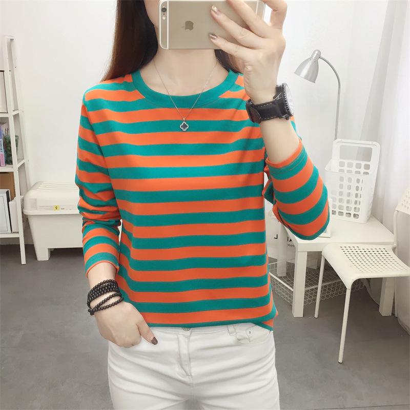 Women's Plus Size Striped Long Sleeve Cotton T-Shirt - Autumn Collection for Middle-Aged Moms