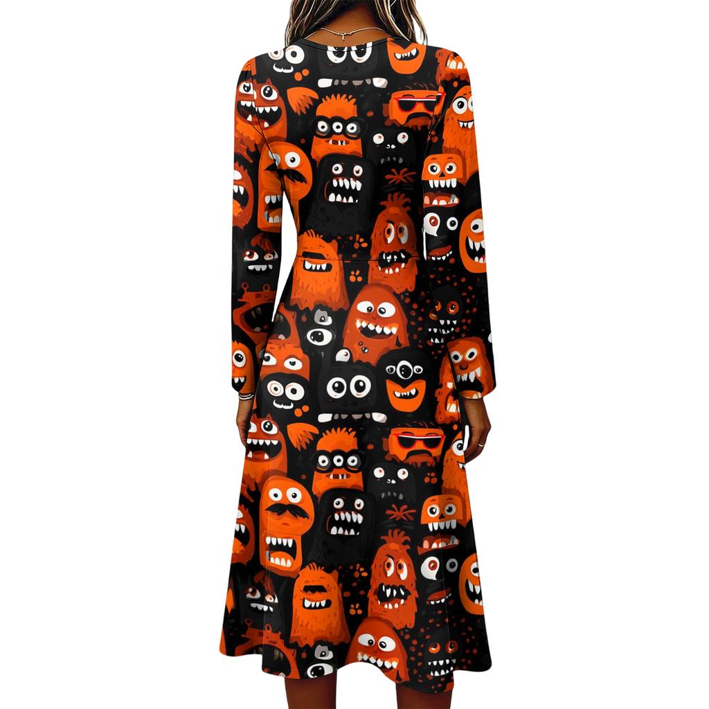 Women's Halloween Print V-Neck Long Sleeve Casual Dress with Pockets