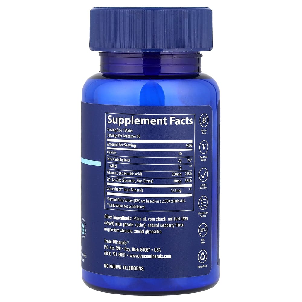 Trace Minerals Research Zinc + Vitamin C Chewable Raspberry Wafers, 60 Count