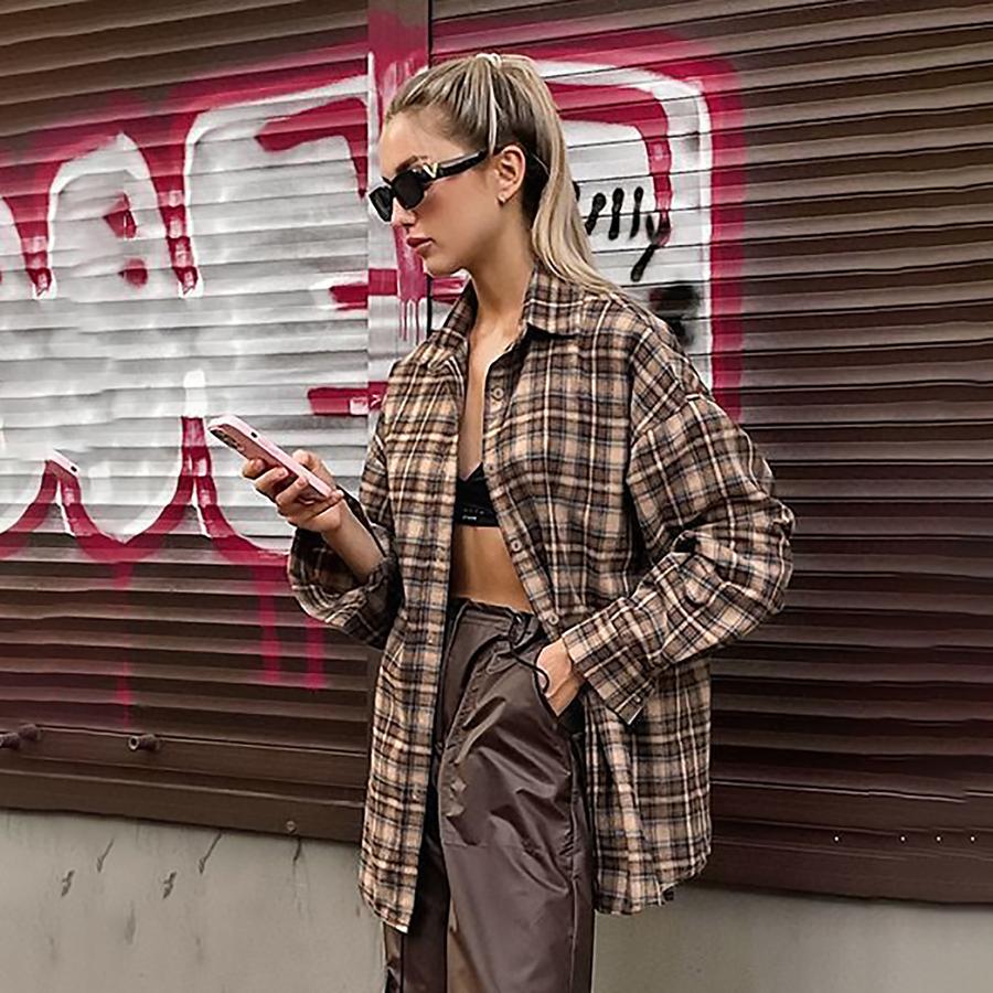 Spring Retro Plaid Shirt Women Long Sleeve Design Undershirt Checkered Loose Fit