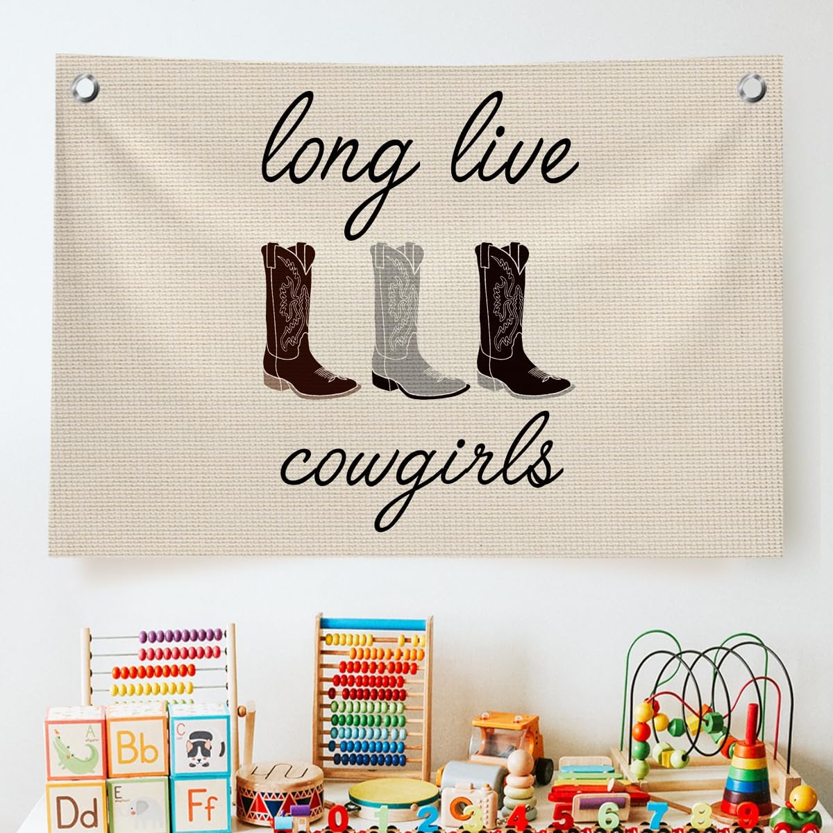 Trendy Long Live Cowgirls Banner Wall Decor, Western Flags for Bedroom Teen Girls, Rustic Country Cowgirl Boots Canvas Banner Wall Hanging Banner,
