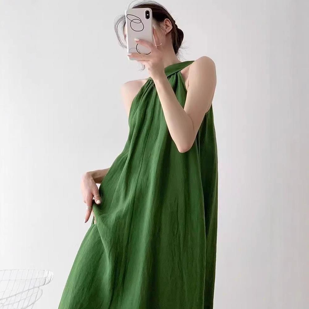 Summer French neck-hanging temperament waist lazy wind holiday dress women's new Mori white off-the-shoulder dress