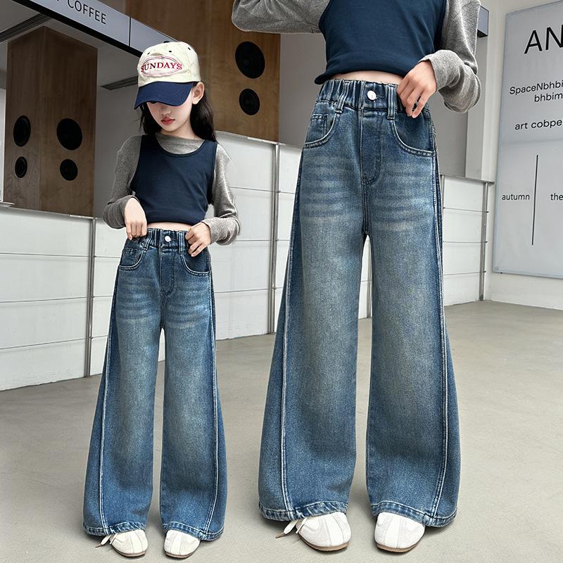 

Весна Осень Девочка-подросток Темно-синие Джинсы Складные Широкие Джинсовые Брюки Дети Ребенок Весна Джинсы с Высокой Талией Брюки Возраст от 4 до 14 Л 120cm