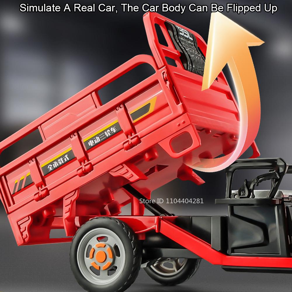 1:12 Electric Tricycle Alloy Model Car Toys Diecast Motorcycle Front Wheel Steering Sound Light Pull Back Vehice Boy Collect Toy