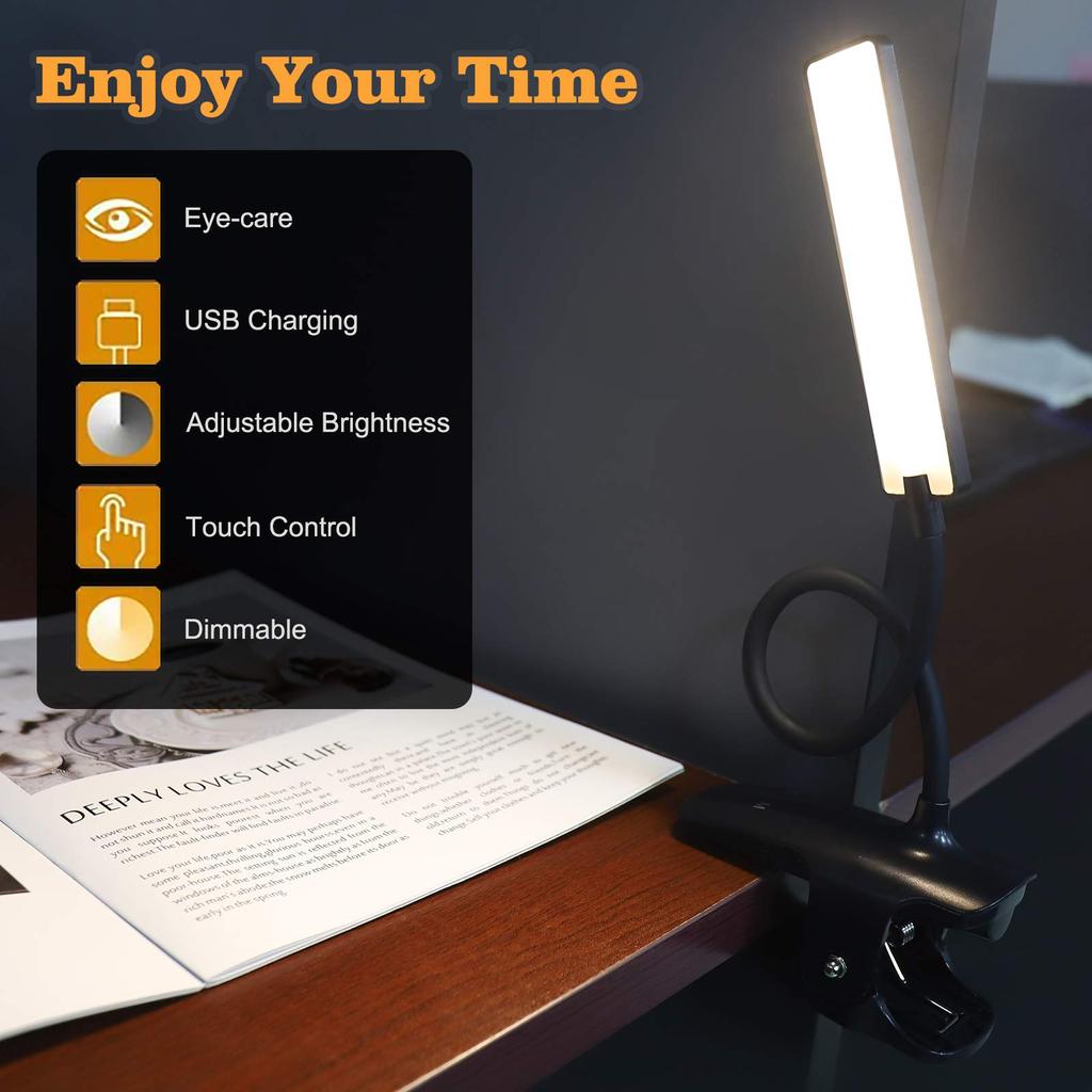 LED Reading Light Book Lights Clip On Desk Eye Protection 360° Flexible Neck USB Rechargeable for Bedroom Study Reading Office