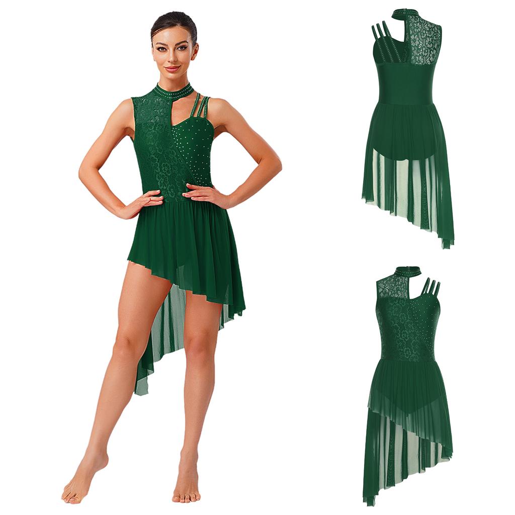 Women Lyrical Dance Leotard Dress Floral Lace Rhinestones Irregular Hem Openable Crotch One Piece Asymmetrical for Ballet Waltz Latin
