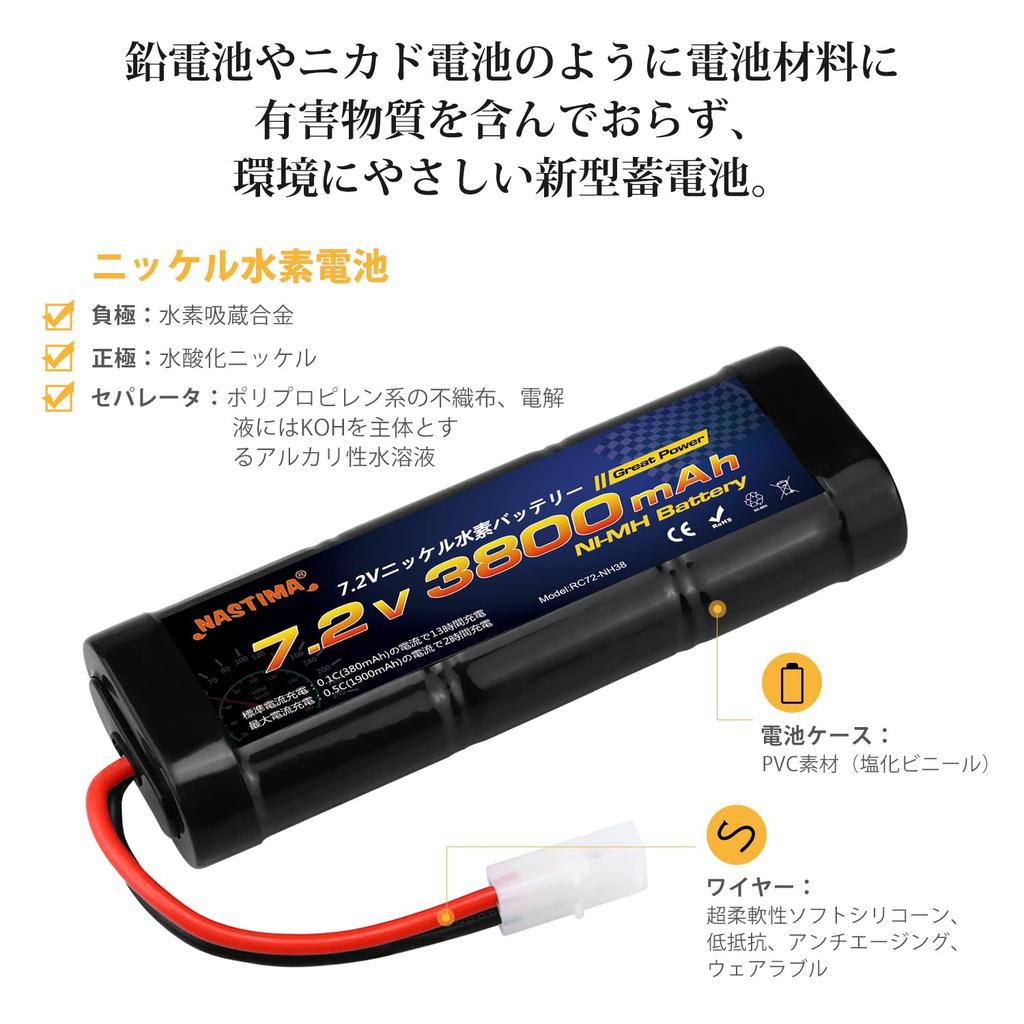 Nastima 7.2V 3800mAh NiMH Battery Set (2-Pack) for Tamiya RC Models, Kyosho, and Yokomo Compatible, Compatible with 18 and 110 Scale RC Cars, RC