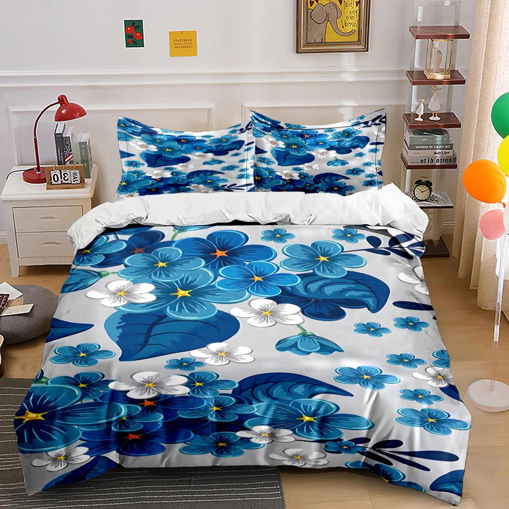 Blue Floral Bedding Set with White Accents Bedding Set (1 Duvet Cover, 2 Pillowcases, Duvet Not Included)