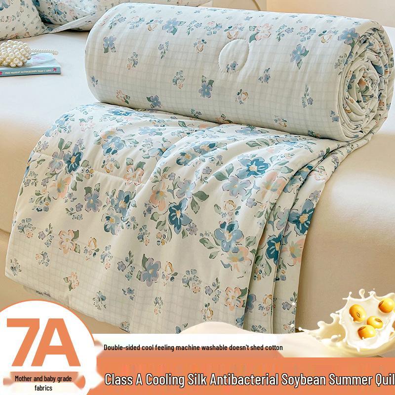 Premium 7A Cool Touch Silk Summer Quilt - Soybean Fiber, Machine Washable, Ice Silk for Single/Double Use 150x200cm